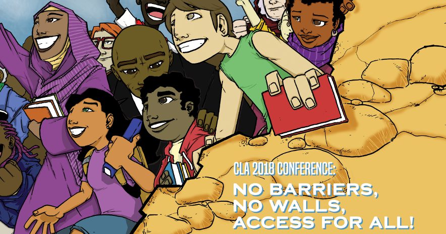 Illustration of diverse group of people breaking through a craggy wall. Text: Conference 2018. No Barriers. No Walls. Access for All.