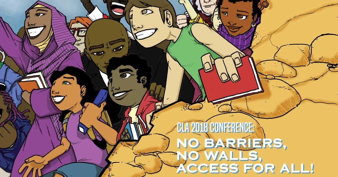 Diverse group of people pushing through a rock wall. Text: No barriers. No walls. Access for all! November 9-11, 2018 - Santa Clara, California.