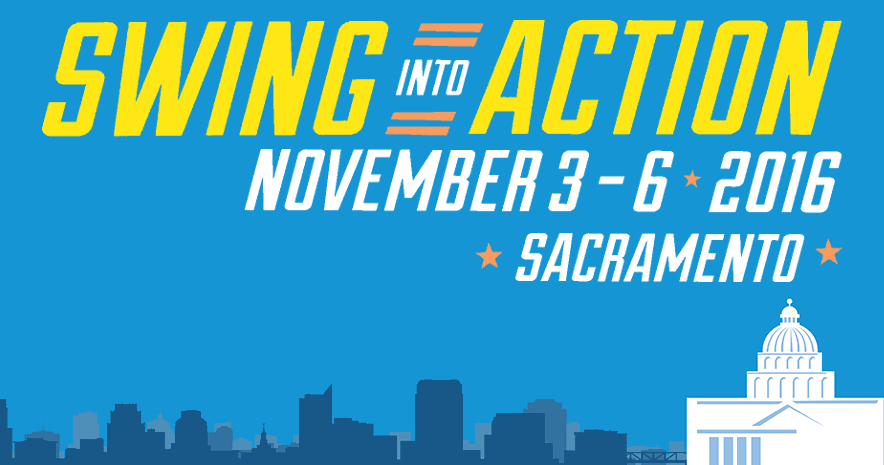 Illustration of Sacramento capitol skyline. Text: Swing into Action: November 3–6, 2016, Sacramento